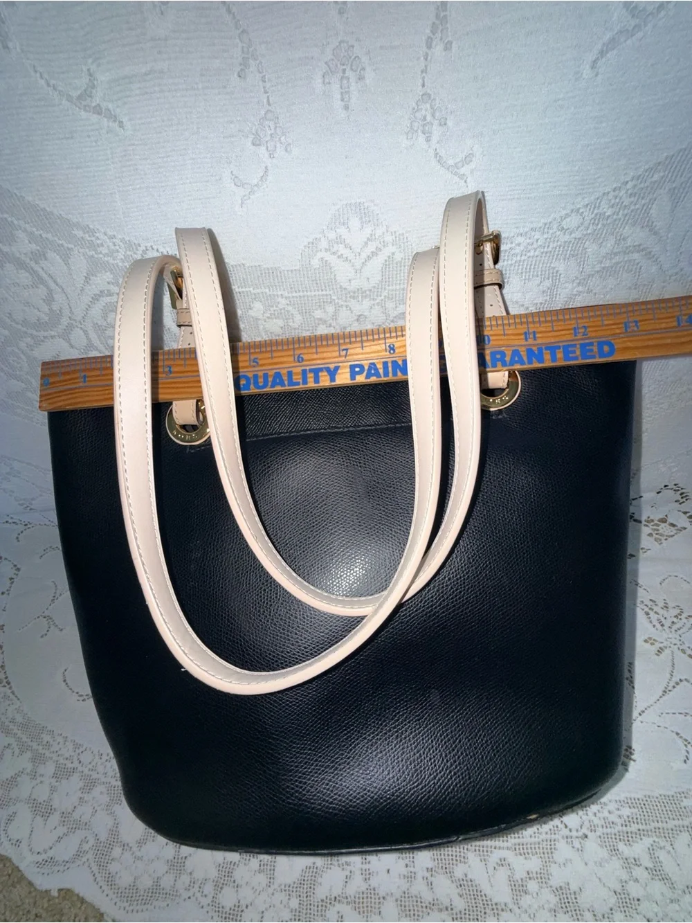 Michael Kors Bedford Medium Pocket Tote Black Saffiano Leather Tan Straps